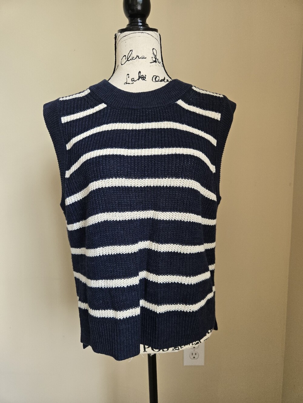 Faherty Sleeveless Knit Top Womens M Linen Organic Cotton Blue Stripe